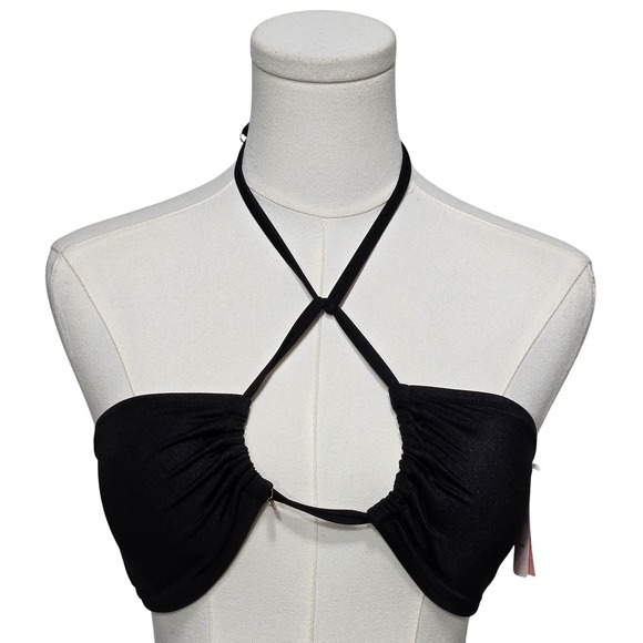 Victoria's Secret Swim Bikini Top Womens Large Black Halter Cutout Strappy NWT - Picture 1 of 9